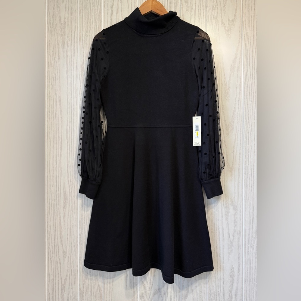 Eliza J Black Fit and Flare Dress with Polka Dot Mesh Sleeves Size M NWT